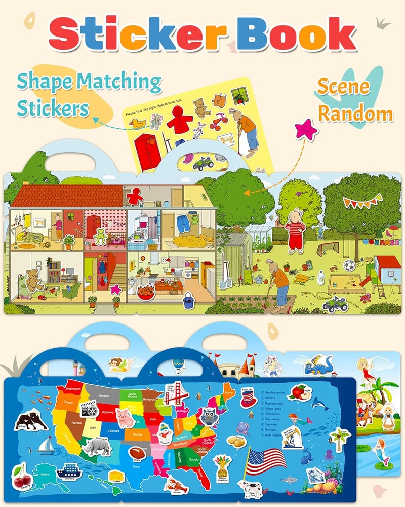 Benresive Reusable Sticker Books for Kids, Sticker Books for Toddlers, Toddler Travel Toys Activities Crafts Ages 3 and Up Birthday Gifts - America Map, Fairy, My House - Image 2